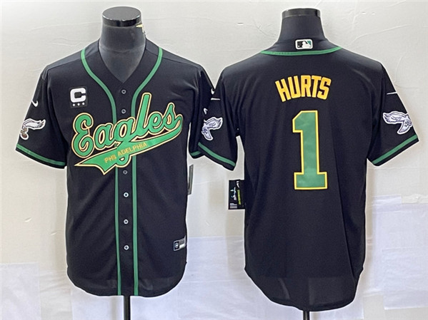 Philadelphia Eagles #1 Jalen Hurts Black With C Patch Cool Base Stitched Baseball Jersey